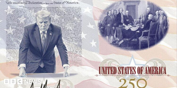 an image of two pages inside a US passport - one showing President Donald Trump with his fists on the Resolute Desk above his signature and another showing a picture of the founding father above "United States of America 250"