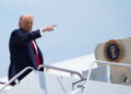 U.S. President Trump boards Air Force One en route to Eau Claire, Wisconsin, at Joint Base Andrews