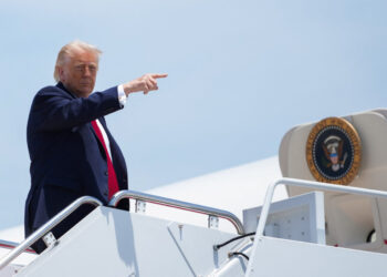 U.S. President Trump boards Air Force One en route to Eau Claire, Wisconsin, at Joint Base Andrews