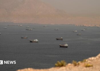 Vessels in the Strait of Hormuz, as seen from Oman on June 18, 2026.