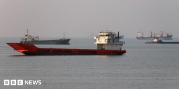 Vessels in the Strait of Hormuz as seen from Oman on 22 June, 2026.