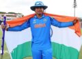 Vaibhav Sooryavanshi holds up an India flag to celebrate winning the Under-19 World Cup