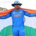 Vaibhav Sooryavanshi holds up an India flag to celebrate winning the Under-19 World Cup