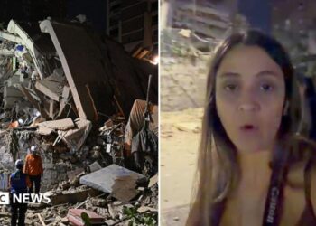 A split image of journalist Nicole Kolster standing on a badly damaged street in Caracas looking at the camera, and people in helmets expecting the rubble of a collapsed building