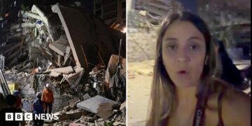 A split image of journalist Nicole Kolster standing on a badly damaged street in Caracas looking at the camera, and people in helmets expecting the rubble of a collapsed building