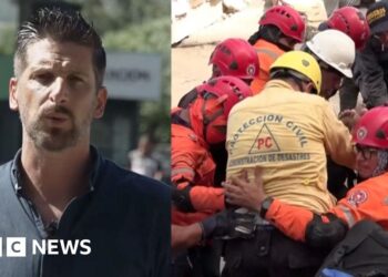 Split image Dan Johnson on left, rescuers on right