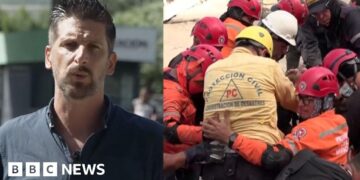 Split image Dan Johnson on left, rescuers on right
