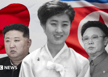 A young Ko Yong Hui at the centre, Kim Jong Un on the left, and Kim Jong Il on the right. A Japanese flag (L) and a North Korean flag behind the trio