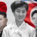 A young Ko Yong Hui at the centre, Kim Jong Un on the left, and Kim Jong Il on the right. A Japanese flag (L) and a North Korean flag behind the trio