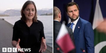 Jessica Parker in a split screen with JD Vance.