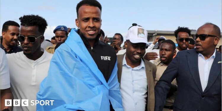 Somali referee Omar Abdulkadir Artan arriving at Aden Abdulle Osman International Airport in Mogadishu, Somalia.