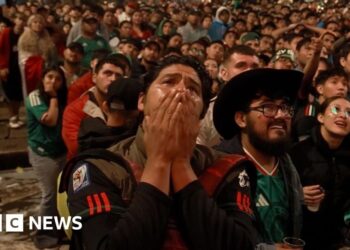 A man is holding his hands over his mouth with numerous of Mexican fans behind him.