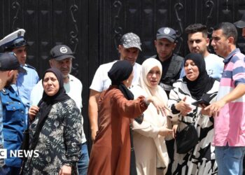 Police stand guard at a black gates of an orphanage in Algiers as a crowd of men and women gesticulate outside