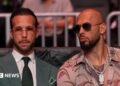 Andrew Tate and Tristan Tate are pictured sitting together at a UFC match.
