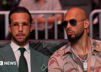 Andrew Tate and Tristan Tate are pictured sitting together at a UFC match.