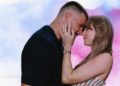 Travis Kelce and Taylor Swift embrace each other in a designed image with a blue and pink background.