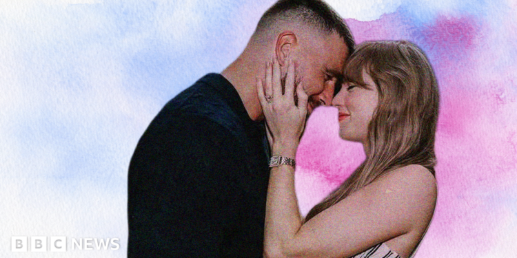Travis Kelce and Taylor Swift embrace each other in a designed image with a blue and pink background.