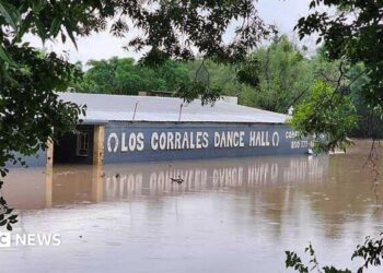 Floodwaters are seen engulfing the Rodeo Los Corrales Dance Hall in Comfort. Trees sit around the hall.