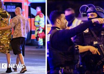 A composite image of police in bullet proof vests with guns, one is wearing a helmet. There are two men walking, one comforting another in a foil blanket