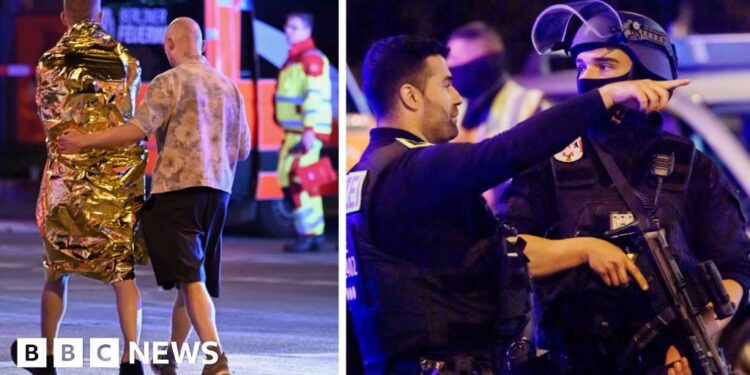 A composite image of police in bullet proof vests with guns, one is wearing a helmet. There are two men walking, one comforting another in a foil blanket