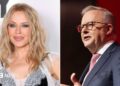 A split screen image of a woman with wavy blonde hair and heavy makeup on the left and a man with short grey hair and glasses in a suit on the right