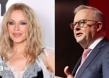 A split screen image of a woman with wavy blonde hair and heavy makeup on the left and a man with short grey hair and glasses in a suit on the right
