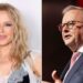 A split screen image of a woman with wavy blonde hair and heavy makeup on the left and a man with short grey hair and glasses in a suit on the right