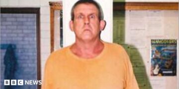 A tall man in a yellow t-shirt and blue short stands against a measuring tape in an office