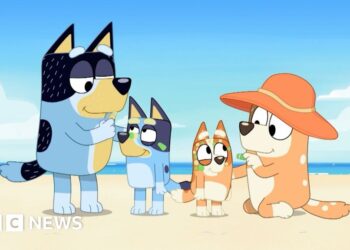 Bluey characters at a beach with Australian Indigenous face paint