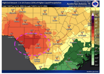 A National Weather Service map shows potential heavy rainfall in multiple counties west of San Antonio for the 24-hour period from 7 a.m. Tuesday to 7 a.m. Wednesday