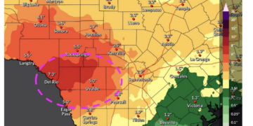 A National Weather Service map shows potential heavy rainfall in multiple counties west of San Antonio for the 24-hour period from 7 a.m. Tuesday to 7 a.m. Wednesday