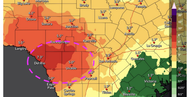A National Weather Service map shows potential heavy rainfall in multiple counties west of San Antonio for the 24-hour period from 7 a.m. Tuesday to 7 a.m. Wednesday
