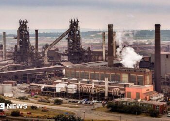 An aerial view of British Steel's Scunthorpe works on July 16, 2026 in Scunthorpe, England.