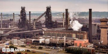 An aerial view of British Steel's Scunthorpe works on July 16, 2026 in Scunthorpe, England.