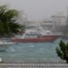 High winds and wet weather at a marina in Ishigaki Island, in Japan's Okinawa Prefecture. Wind blows through a palm tree and boats are seen on a choppy sea close to the quay.