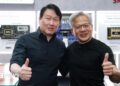 SK Hynix chairman Chey Tae-won and Nvidia boss Jensen Huang posing for a picture with their thumbs up