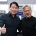 SK Hynix chairman Chey Tae-won and Nvidia boss Jensen Huang posing for a picture with their thumbs up