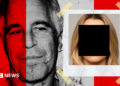 A designed composite image featuring a grainy background image of Jeffrey Epstein, partly tinted in red, and in the foreground, a Polaroid style image of a young woman, whose face in obscured with a black redaction.
