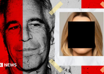 A designed composite image featuring a grainy background image of Jeffrey Epstein, partly tinted in red, and in the foreground, a Polaroid style image of a young woman, whose face in obscured with a black redaction.
