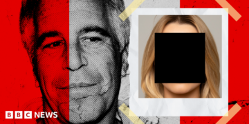 A designed composite image featuring a grainy background image of Jeffrey Epstein, partly tinted in red, and in the foreground, a Polaroid style image of a young woman, whose face in obscured with a black redaction.