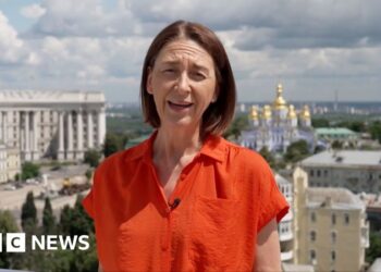 Sarah Rainsford wears a short-sleeved bright orange shirt. She reports in front of several buildings in Crimea