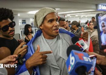 Luis Manuel Otero Alcántara speaks to journalists at Miami airport.