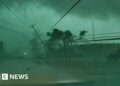 A power line is on the ground after a tornado.