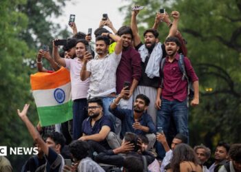 Abhijeet Dipke, head of the Cockroach Janta Party (CJP), celebrates with supporters who stand on an elevated platform holding their hands up in triumph
