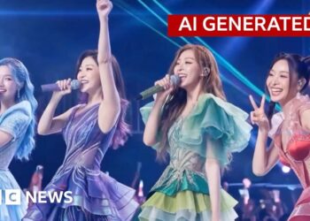 An AI generated image of a K-pop girl group singing on stage