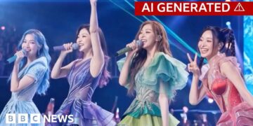 An AI generated image of a K-pop girl group singing on stage