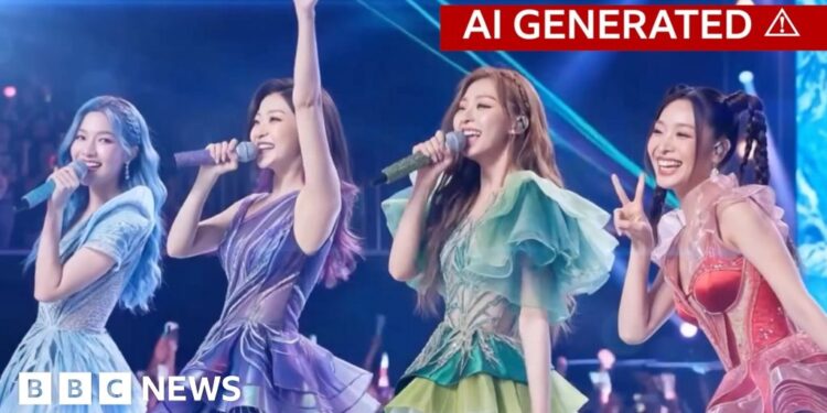 An AI generated image of a K-pop girl group singing on stage