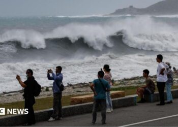 Residents observe huge waves brought by Typhoon Bavi in Hualien city, Taiwan
