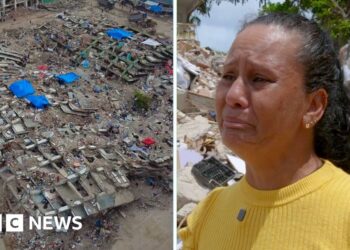 Split screen image showing an aerial view of a flattened apartment building and a woman in yellow looking distraught.