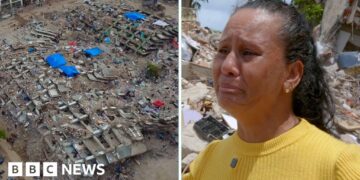 Split screen image showing an aerial view of a flattened apartment building and a woman in yellow looking distraught.